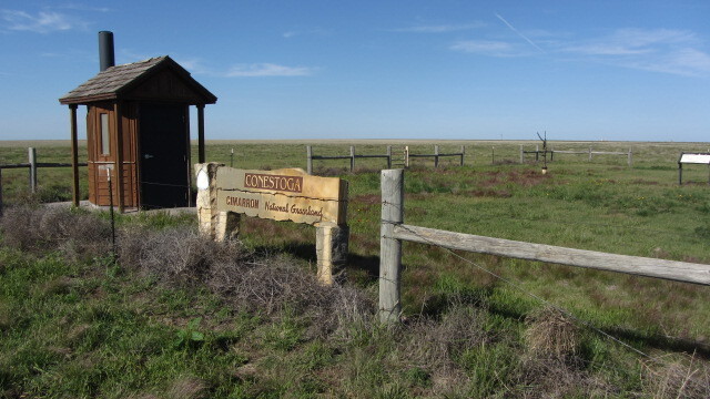 An outhouse at the Conestoga trailhead in the Cimarron National Grassland