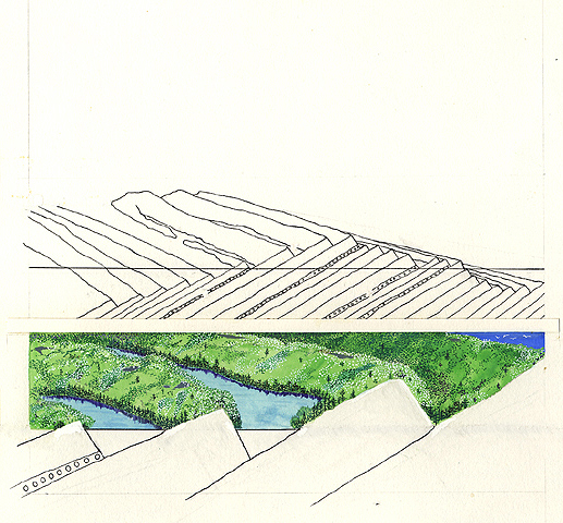 A two-part geologic island formation diagram shows the sedimentary rock layers and lava layers making up Isle Royale National Park. The illustration below shows the sedimentary rock layer as the source of island ridges.