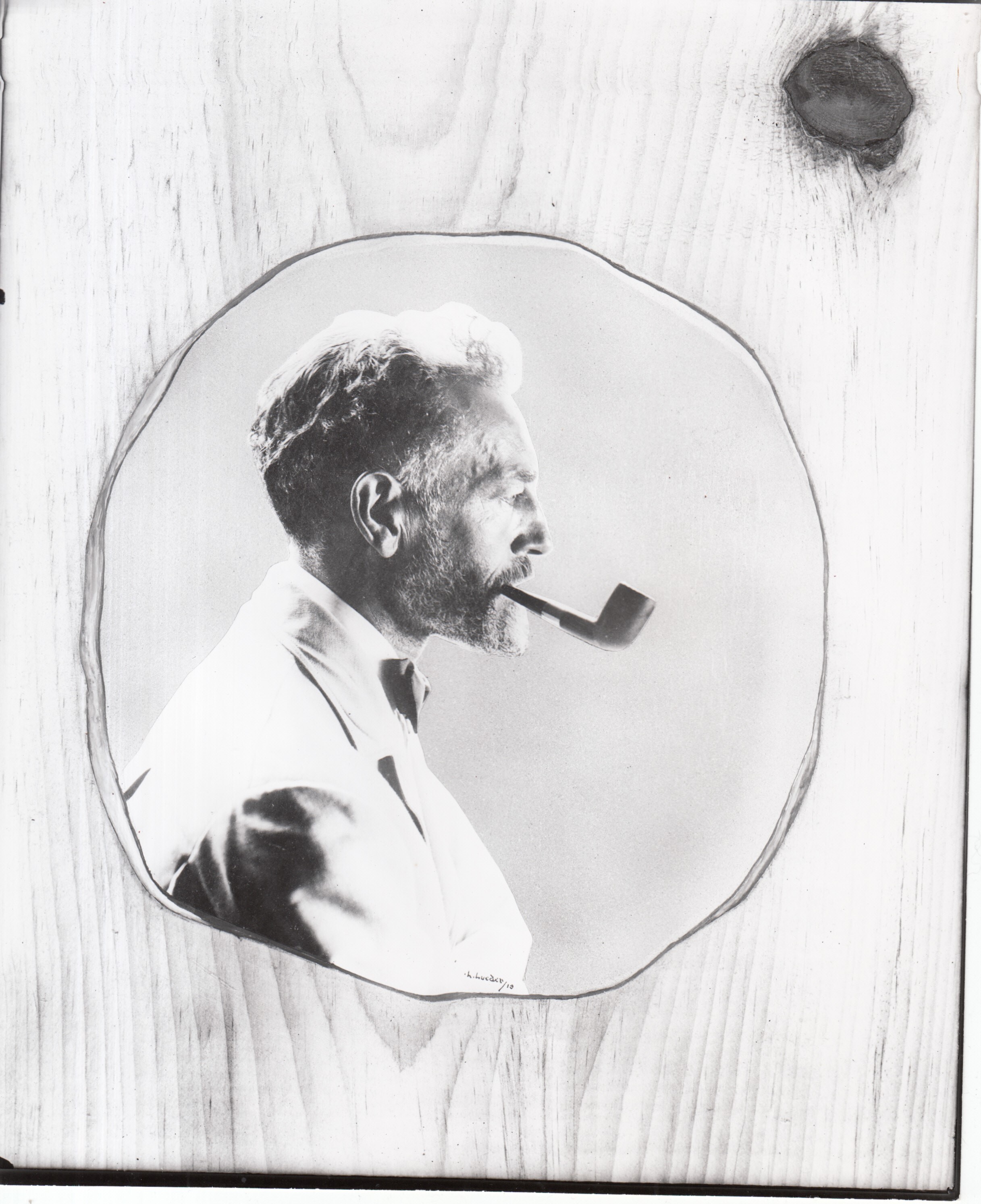 Portrait of Nelson Durand superimposed on a piece of wood [for a plaque?].