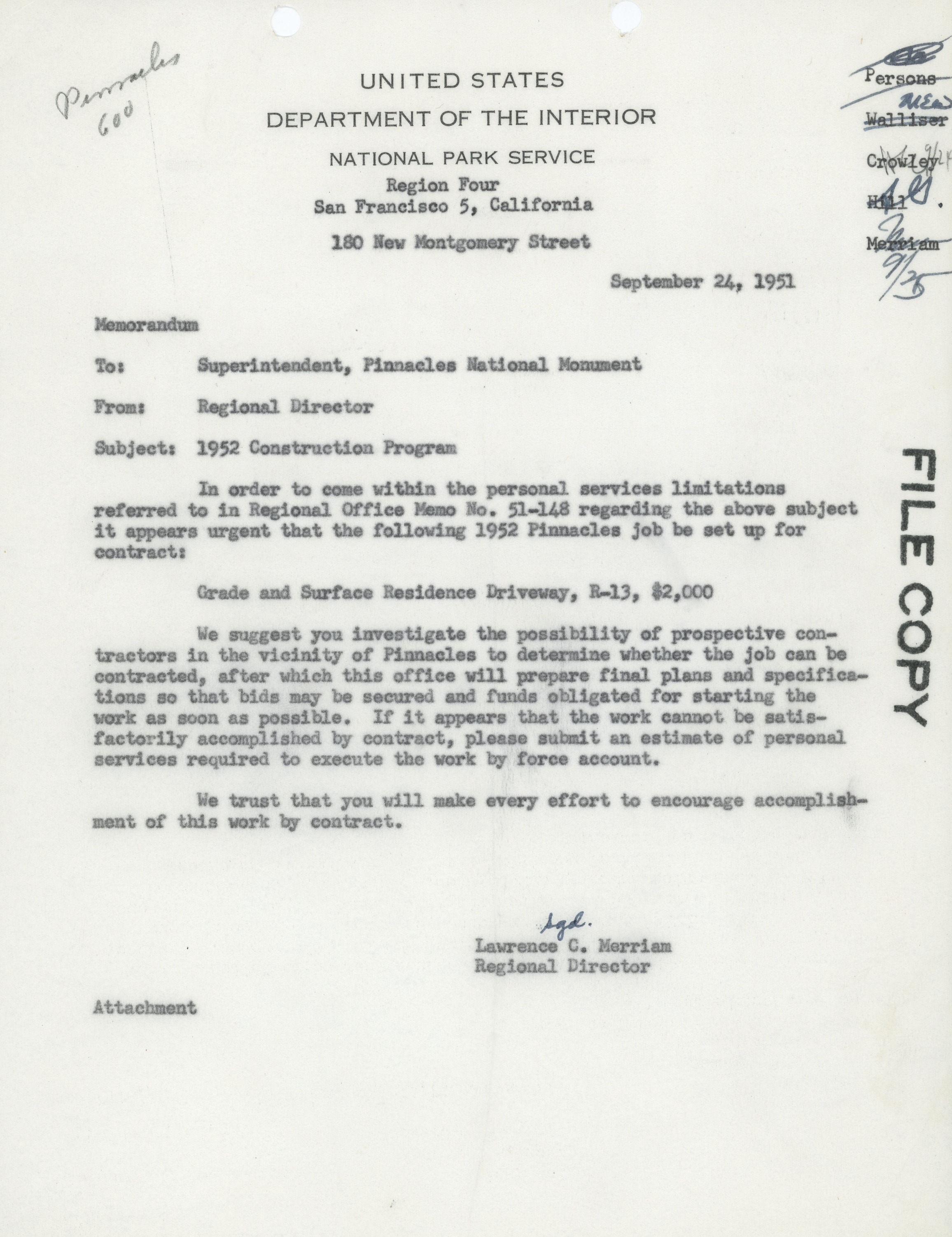 Superintendent's Residence Driveway Construction Memorandum