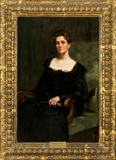 A painted portrait of a seated elegant woman wearing a black gown.