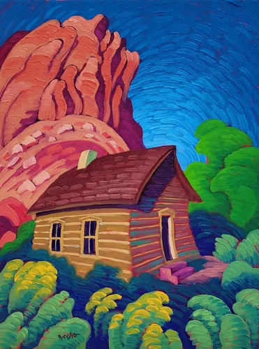 Painting of historic one room schoolhouse underneath looming red sandstone cliff.