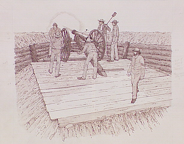 Confederate earthworks and artillery typical of those at Fort Hoke.