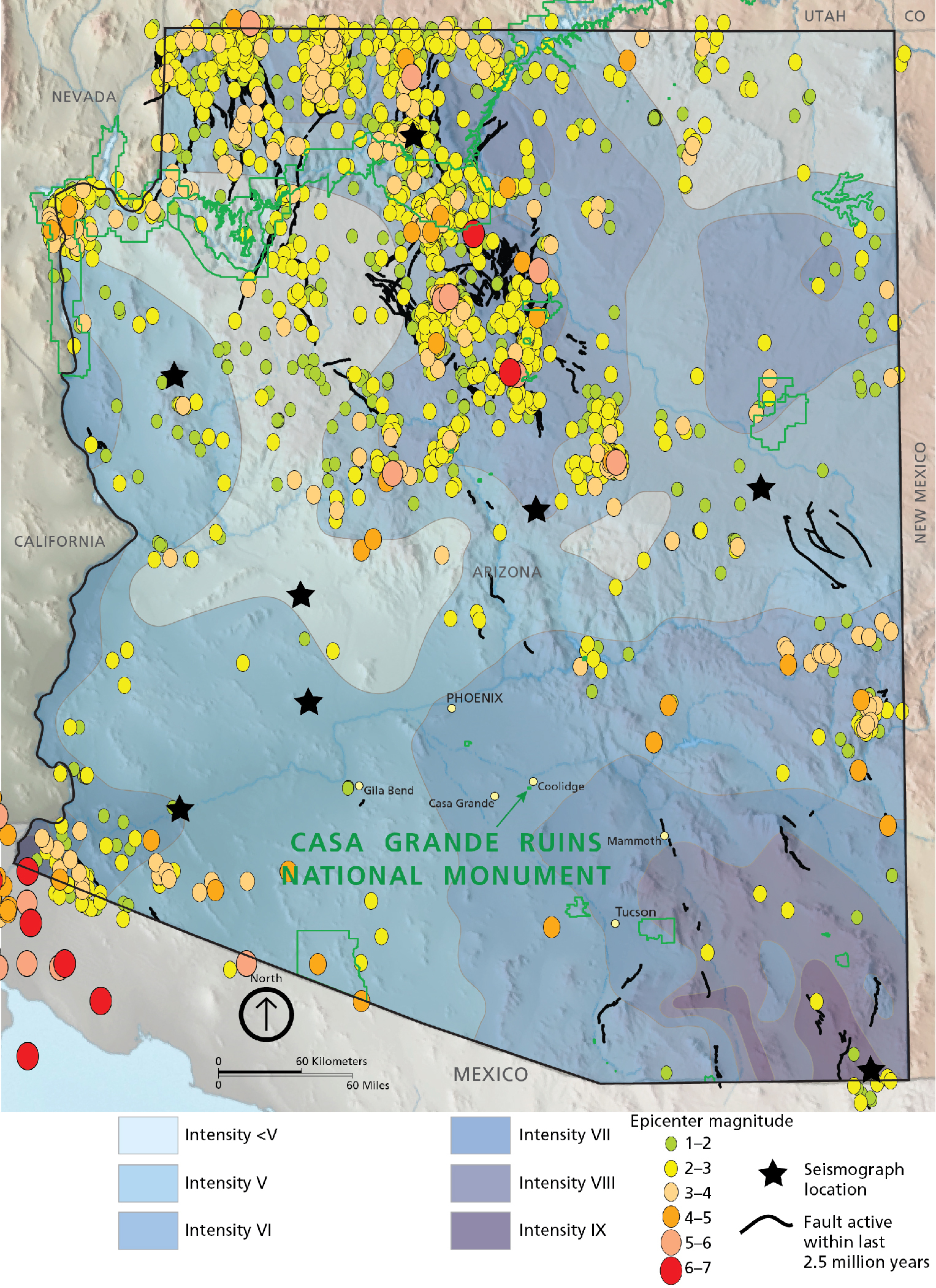 Map of active faults, earthquakes, and seismograph stations in Arizona. 