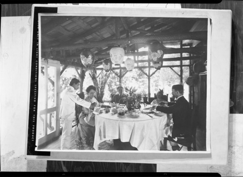 Chris Jogensen and family lunching on porch copied from photo loaned by dick Schafer, Merced. photo loaned by Dick Schafer of Merced; copied by Ralph H. Anderson. copied May 1952