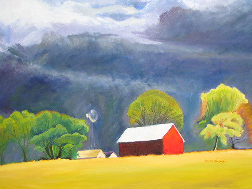 Bright red, yellow, and blue paints depict a barn in a golden field under storm clouds.