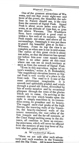 Article copied from the Yosemite Tourist. It ran from Vol. 4, season of 1893 - Tuesday April 18, 1893 through 1910. Signal Peak is outside the park boundaries.