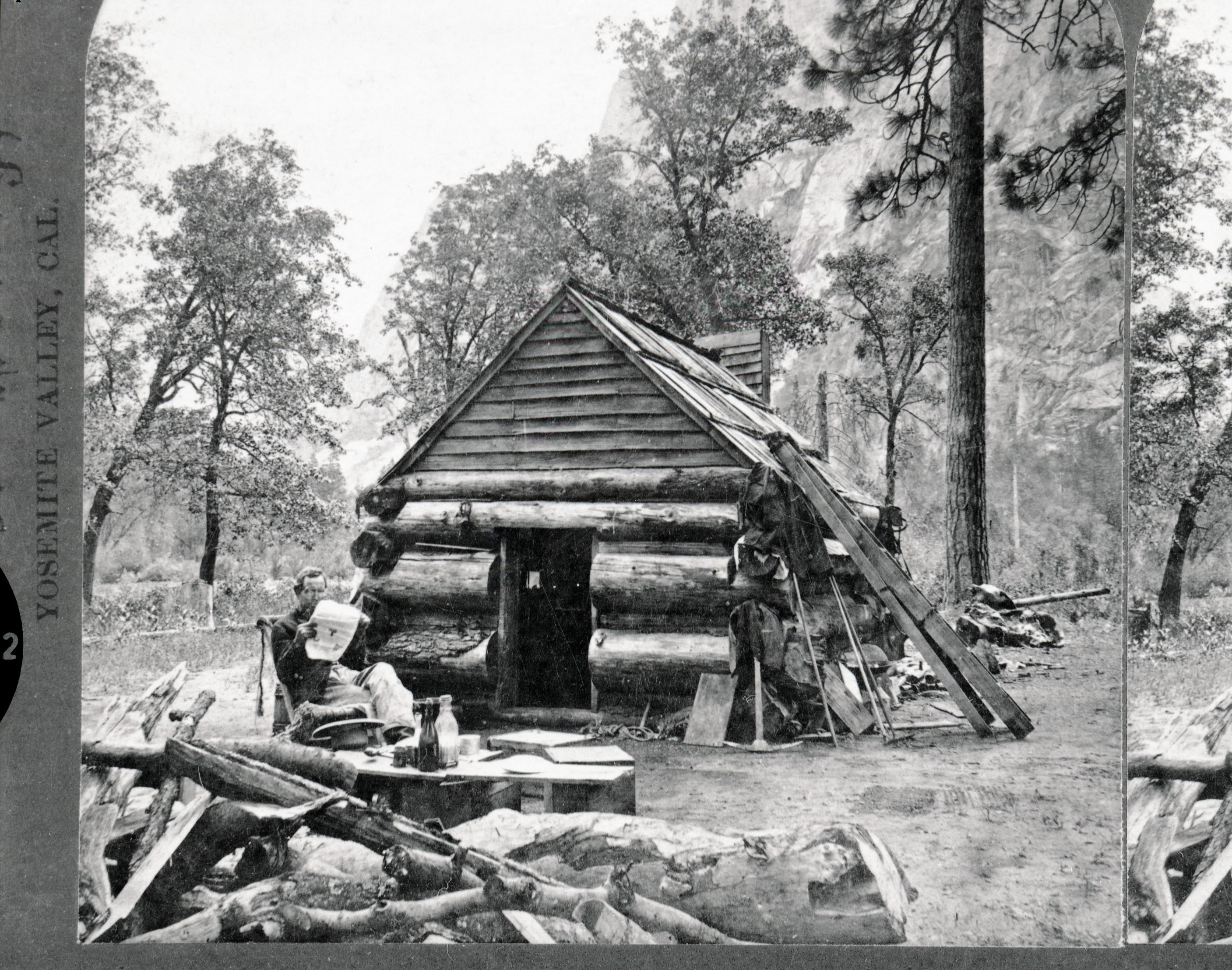 Copy Neg: Michael Dixon, July 24, 1985. Detail of L. Smaus stereo card (RL-16,441). Caption: "The First House int he Yosemite Valley, Cal." Lamon cabin.