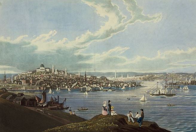 A painting of Boston and Boston Harbor with the Massachusetts State House and the Bunker Hill Monument in view.