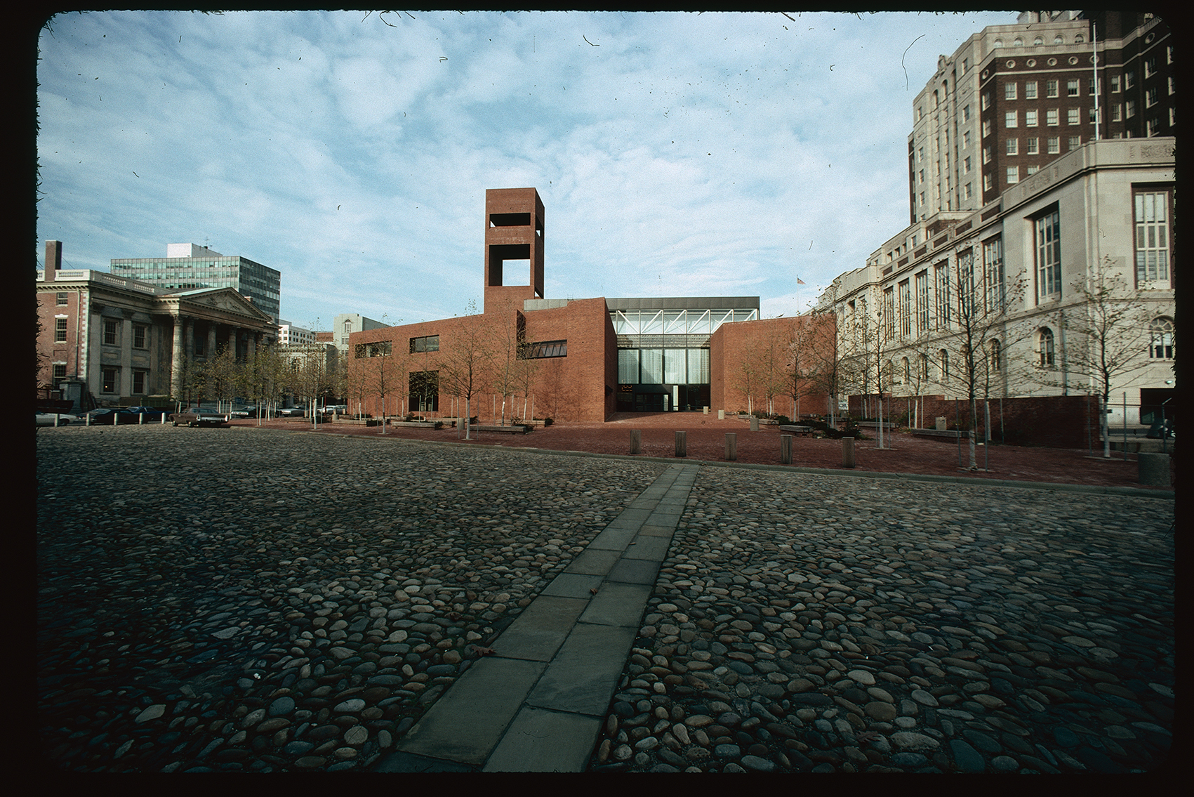(Old) Visitor Center (101 South 3rd Street). Exterior. South side. Looking northeast from Dock Street.