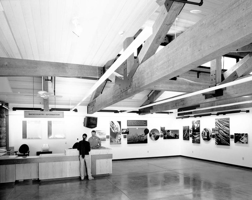 The 2000 visitor center after completion, part of the transportation project which included the shuttle buses, bus maintenance area, the new visitor center (Watchman campground, old a-loop), and new human history museum.