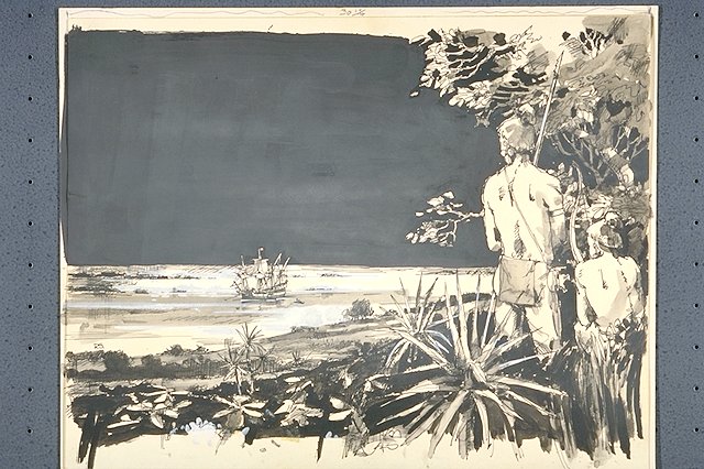 Natives watching ship approach.