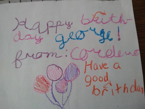 pink, purple, blue, orange, crayon, happy birthday george, "have a good birthday"