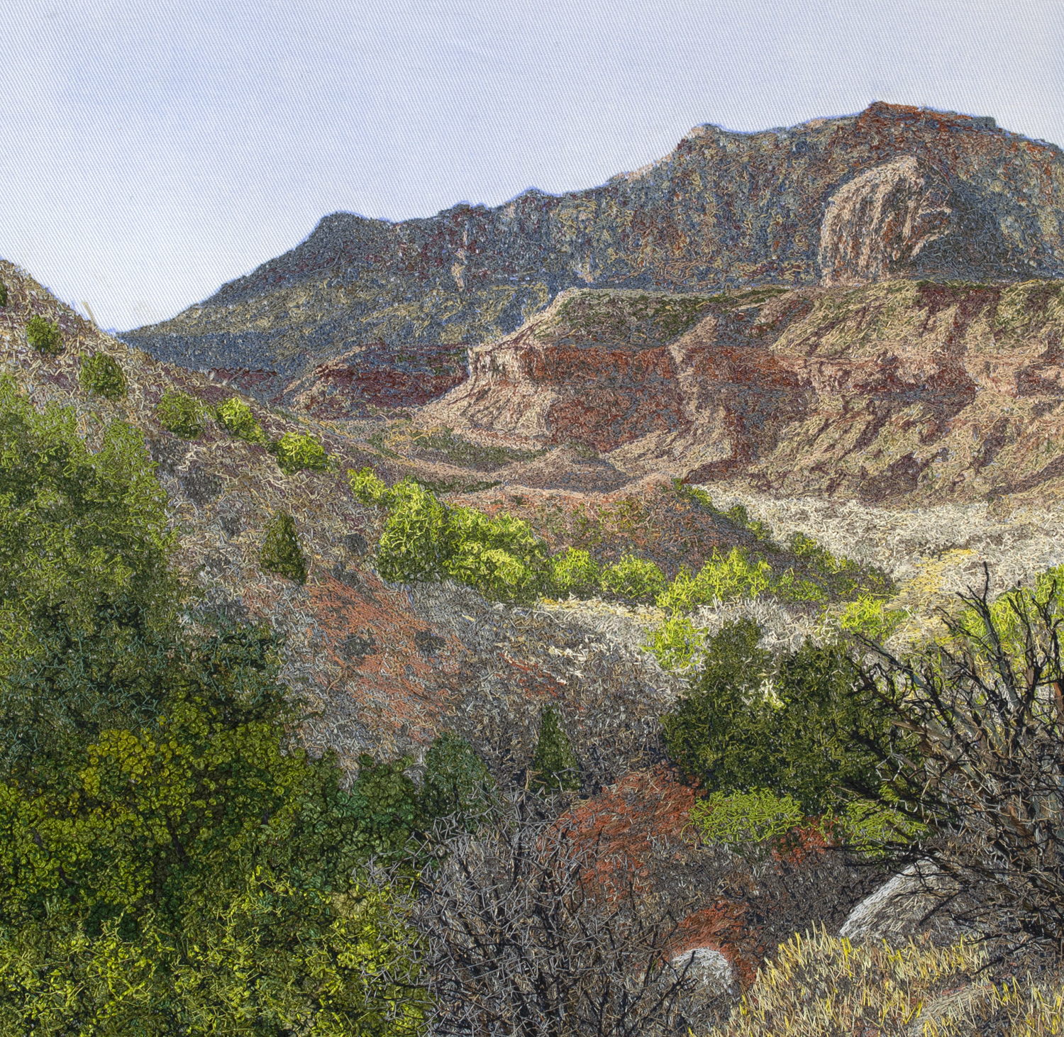 An image created using colored thread and fabric. The image shows a colorful view of Zion Canyon, as seen from the Watchman Trail. A wide canyon floor is filled with shrubs, trees, grasses, and occasional mounds of stone and dirt. On either side, the canyon floor is flanked with sloped hillsides. These hillsides are covered in a variety of plants and colors, from lush green shrubs to pale sage and yellow grass. In the background, at the top of the sloped hills, tall sandstone cliffs tower over the landscape.