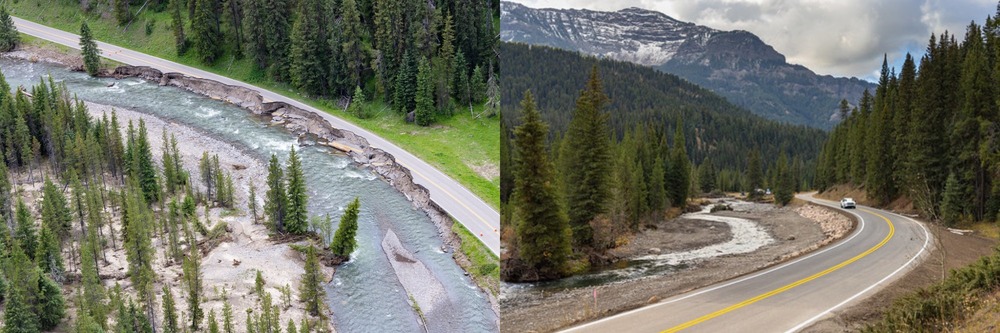 A side-by-side comparison of a road damaged by a flood (left) and after repairs (right)