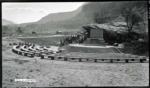 Campfire lecture circle (amphitheater) at Camp Center, Civilian Conservation Corps (CCC) project, workers.