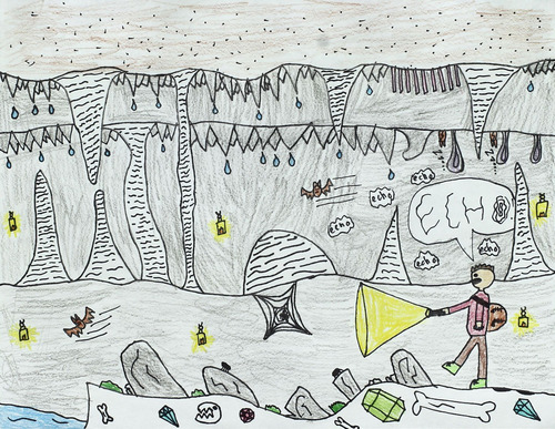 artwork of cave scene in pen and colored pencil