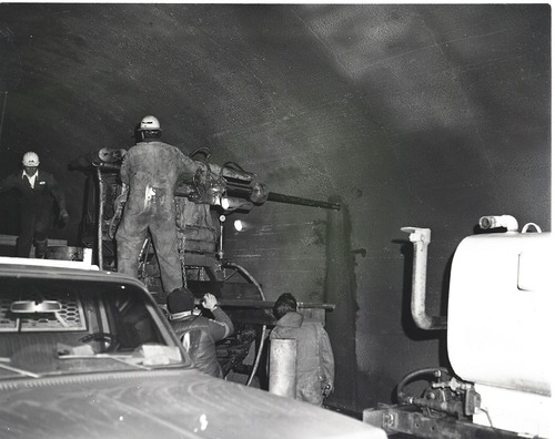 Machinery and crews drilling test cores in Zion-Mt. Carmel tunnel.