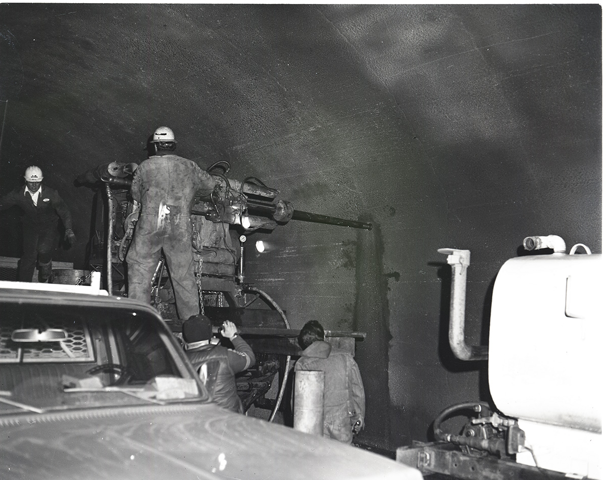 Machinery and crews drilling test cores in Zion-Mt. Carmel tunnel.