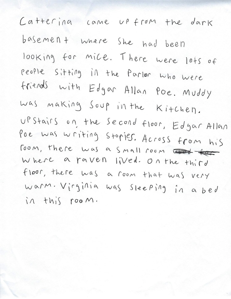 Black text on white paper showing a short paragraph that begins, "Catterina came up from the dark basement where she had been looking for mice."