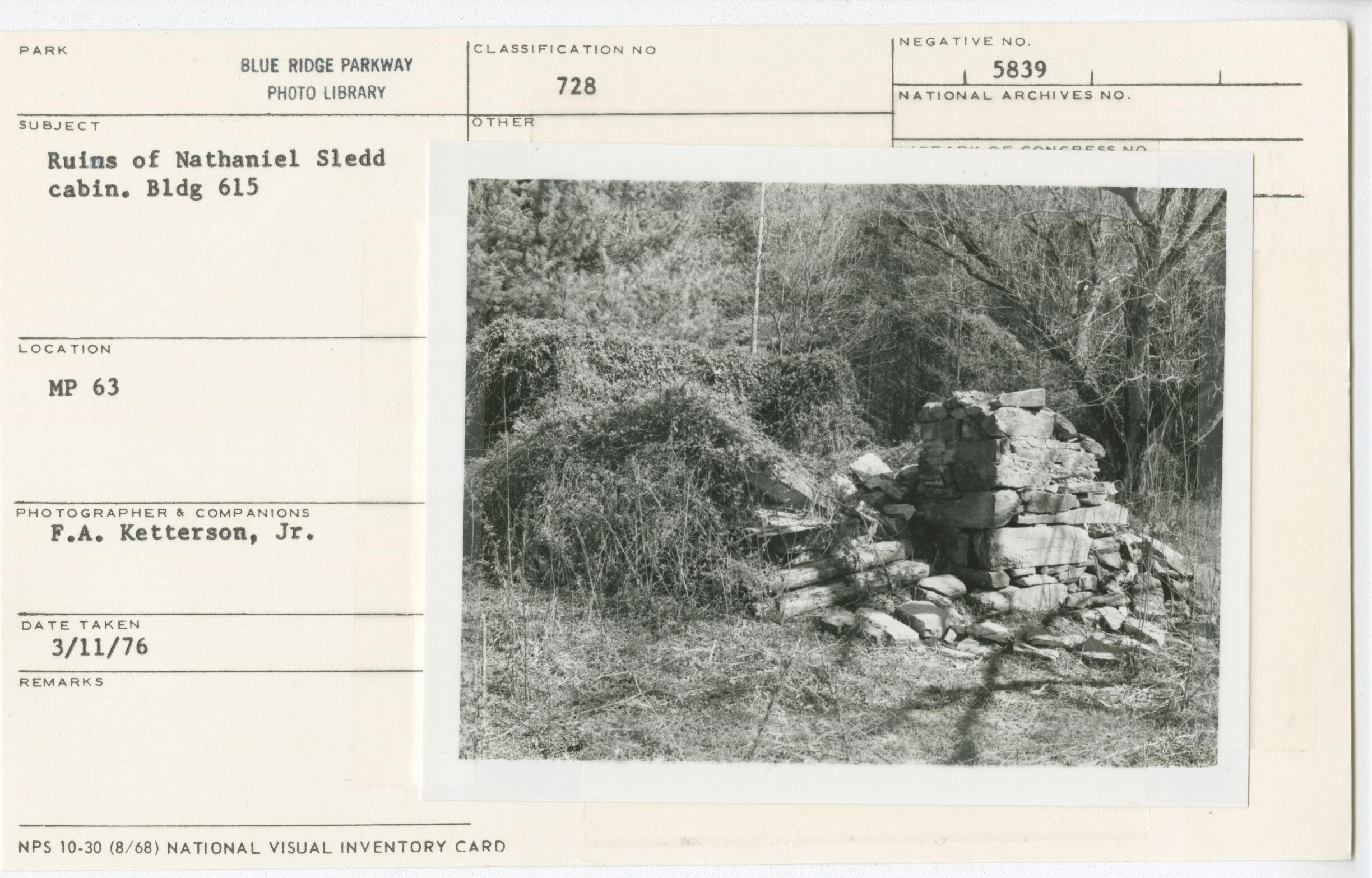 Ruins of Nathaniel Sledd Cabin, Bldg #615