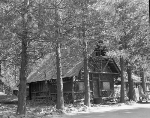 Subject: View of structures to be eradicated under Mission 66 in Yosemite. Location: Yosemite Valley. Purpose: Before and after comparisons. [Wells Fargo Building. Was in Old Village. Moved to PYHC.]