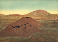 a hand-colored photo of three small reddish spatter cones with a few cinder cones in the distance