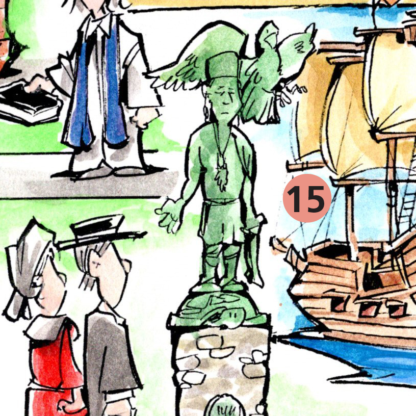 Cartoon drawing of a green statue of a man standing on a turtle wearing a necklace with an eagle perched on his shoulder.
