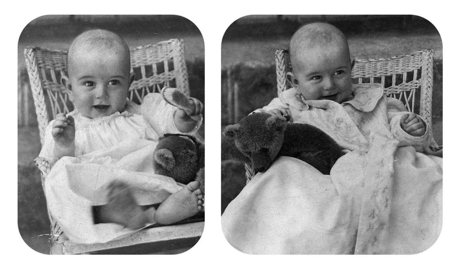 Two photos of a smiling baby sitting in a wicker chair with a teddy bear.