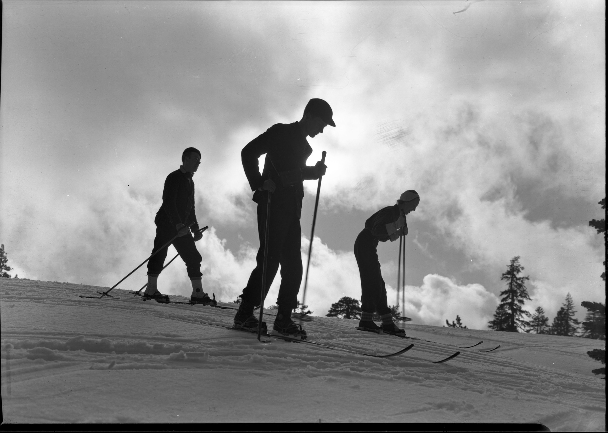Skiiers on skyline. Don Campbell, Dave Brower, June Campbell.