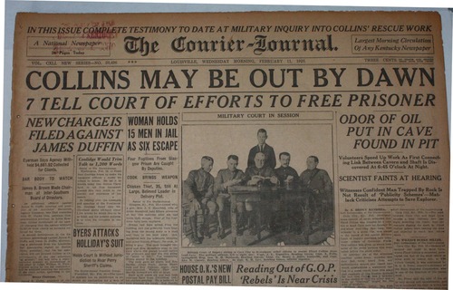 A newspaper with headline “Collins May Be Out By Dawn, 7 Tell Court of Efforts to Free Prisoner” features a photo of 6 men wearing military uniforms near a table, 1 standing and 5 seated.