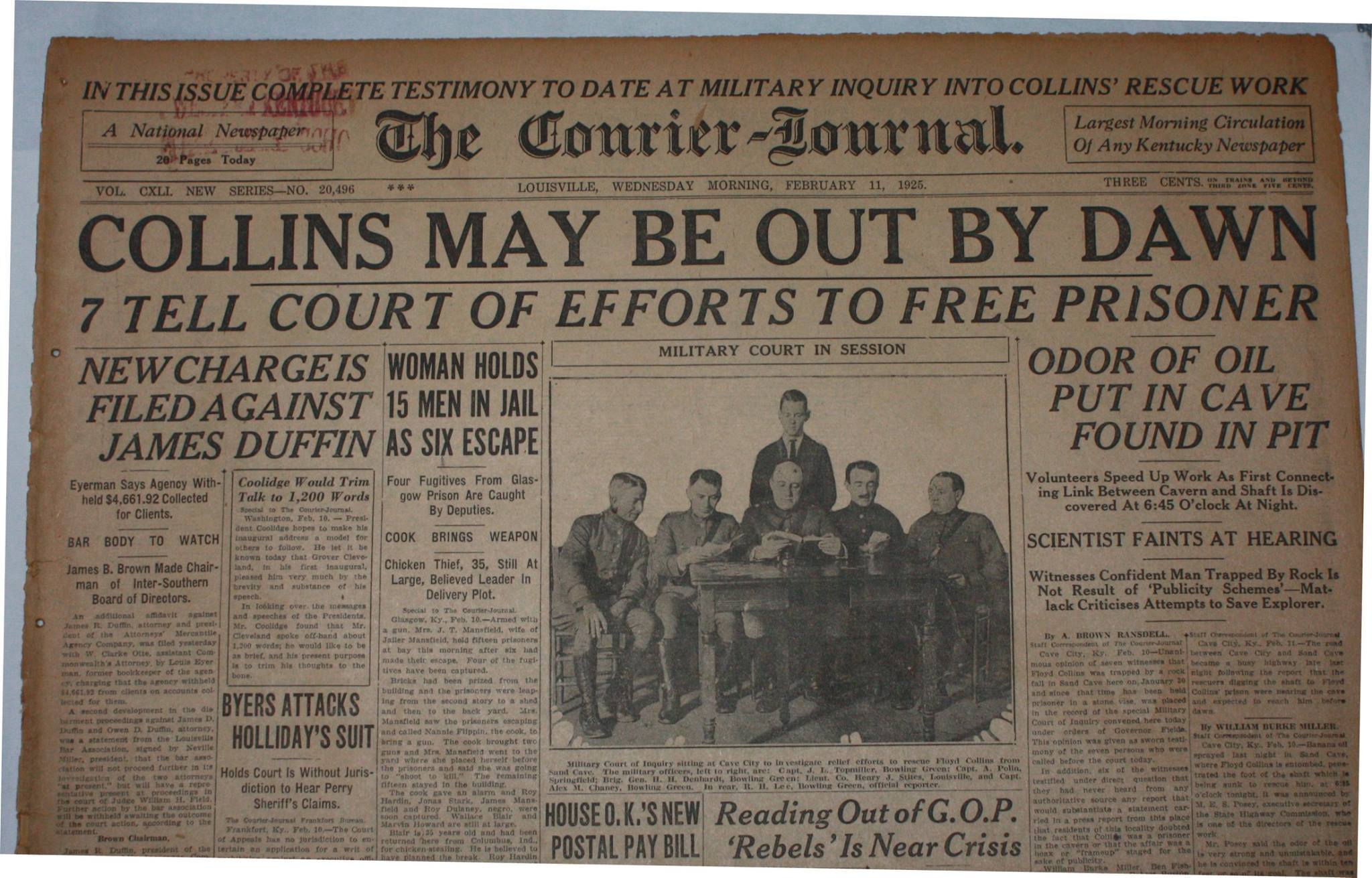 A newspaper with headline “Collins May Be Out By Dawn, 7 Tell Court of Efforts to Free Prisoner” features a photo of 6 men wearing military uniforms near a table, 1 standing and 5 seated.