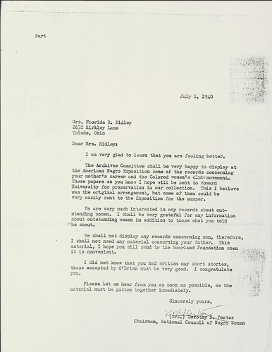 Correspondence between Dorothy B Porter and Florida R Ridley regarding the archives committee display at the American Negro Exposition, July 1, 1940