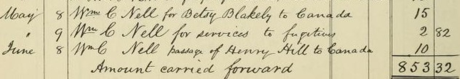 Record book that lists William C. Nell assisting Betsy Blakeley