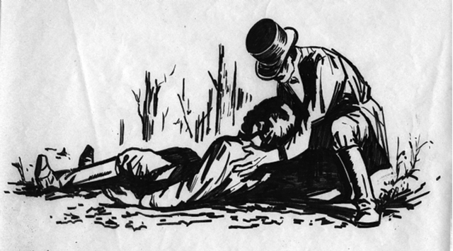 Man in civilian dress wearing a stovepipe hat assisting an unidentified, wounded Civil War soldier lying on the ground.