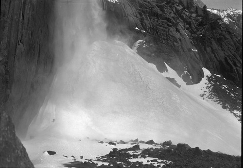 Cloesup of Yosemite Falls Ice Cone showing Bill Kat in spray.