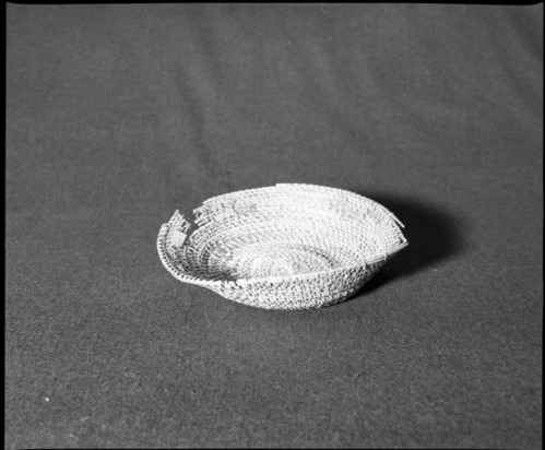 Marie Rozier Collection, Catalog No. 168. Object: Washoe basket. Dimensions: 8 x 2". Materials: Willow. Technology: Non-interlocking and split stitching, rightward coil direction, outside workface. Collection History: Gift of Craig Bates, 1969. Photographed by Michael Dixon, December 1982. Catalogued by Craig Bates and Barbara Beroza. Yosemite Collections, National Park Service.
