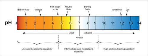 pH scale bar from 0 to 14. pH less than 7 is considered acidic and greater than 7 is alkaline. 