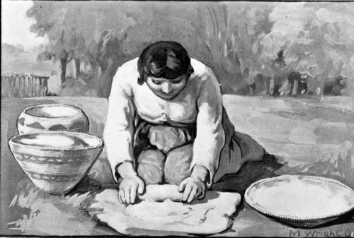 Native American grinding acorn meal on a stone plate (metate). Copied from W.H. Holmes report U.S. National Museum, 1900 plate 11.
