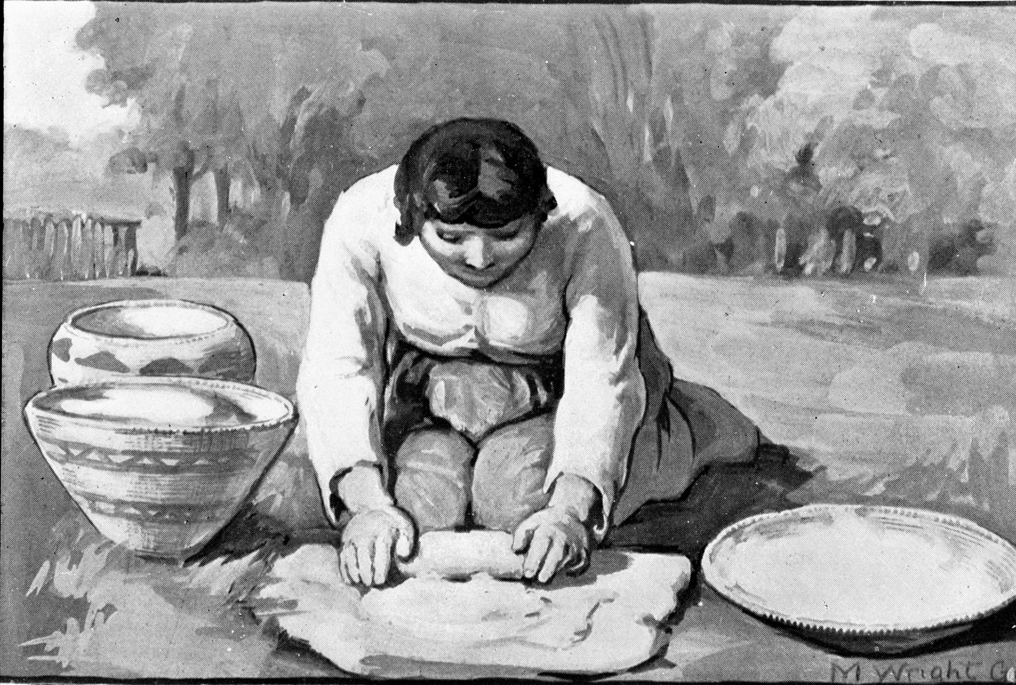 Native American grinding acorn meal on a stone plate (metate). Copied from W.H. Holmes report U.S. National Museum, 1900 plate 11.