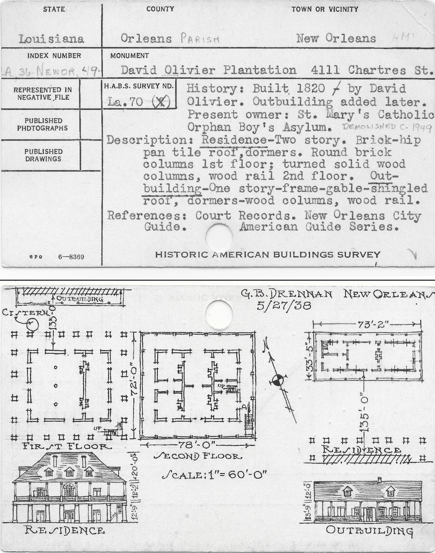 Scanned catalog card with measured drawing of floorplan