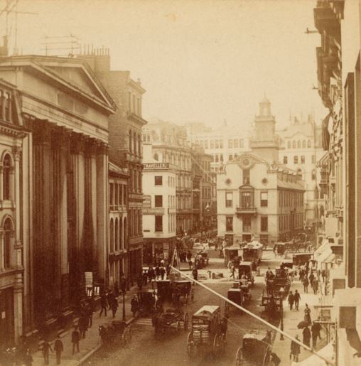 Sepia photograph of State Street, Boston.