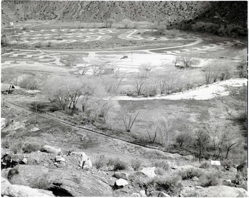 New Watchman Campground from hills on west side of Zion Canyon.