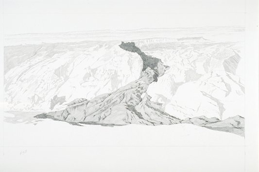 Depiction of a mud slide ("Red Slide") slipping down the steep back of the Waterpocket Fold and fanning out across Halls Creek.