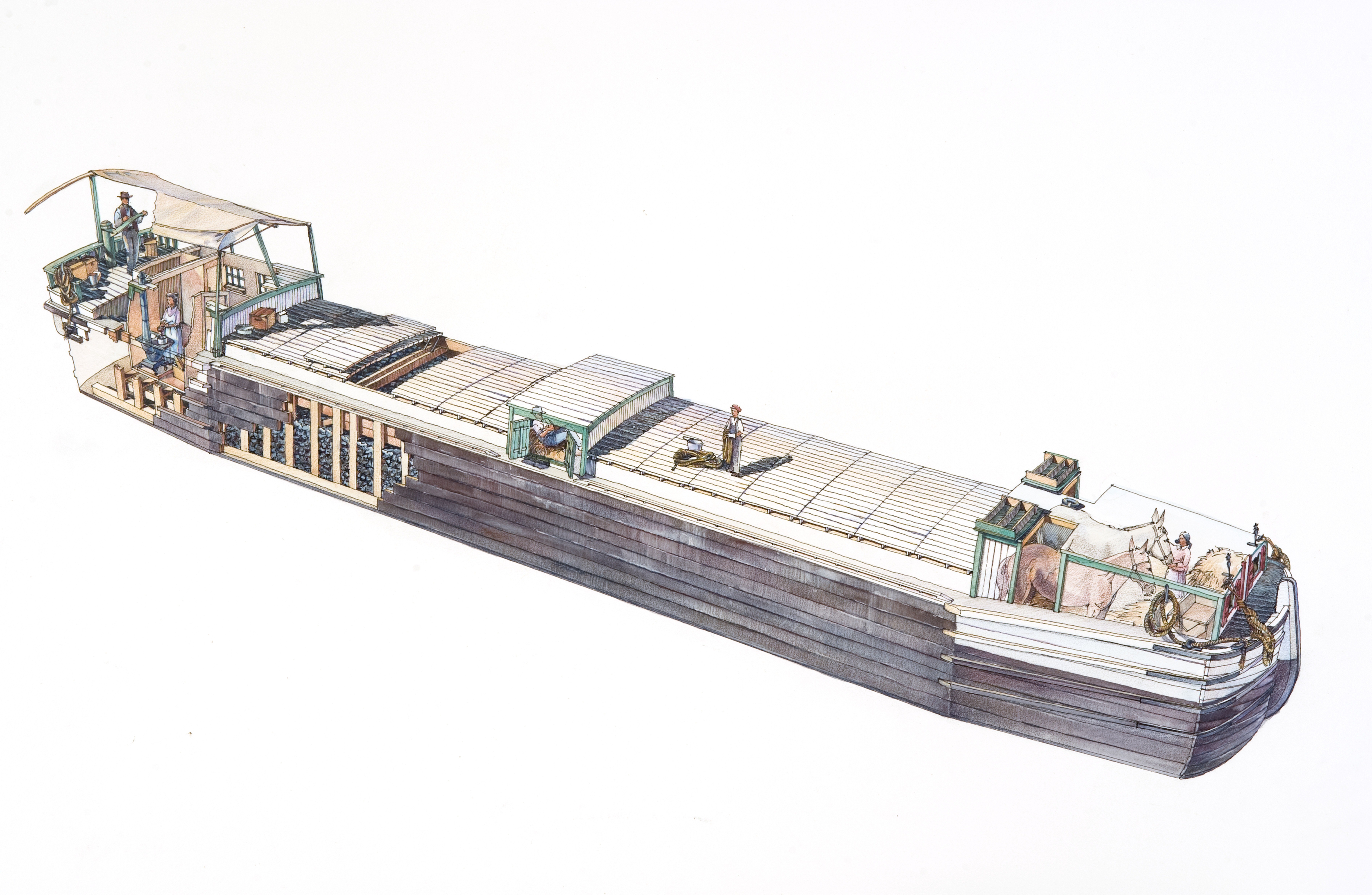 Partial cutaway illustration depicts a typical canal boat revealing the living quarters (family cabin), the steering compartment, part of the cargo area below the hatch covers, hay house compartment, and the mule shed. National Park Service; Harpers Ferry Center; Commissioned Art Collection. Artist Steven N. Patricia.