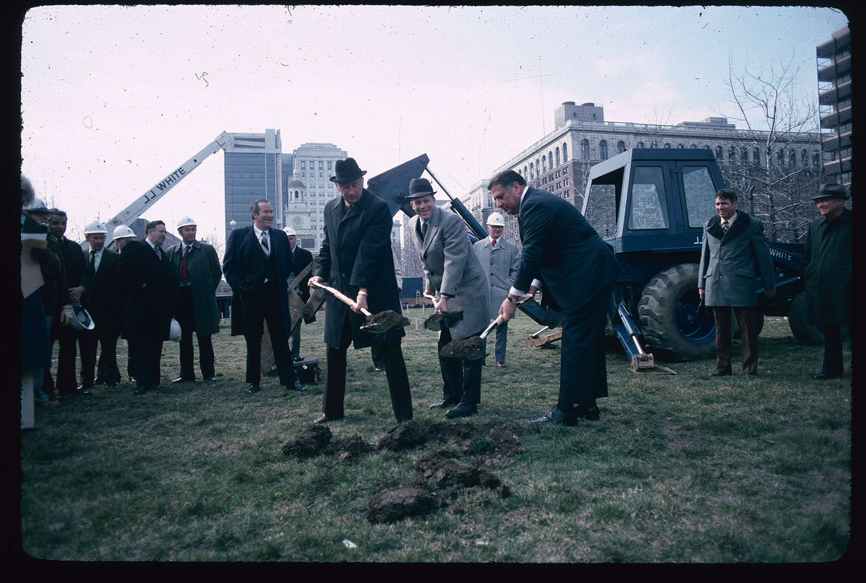 Independence Mall. Looking northeast towards Independence Hall. Breaking ground for Bell Pavilion.