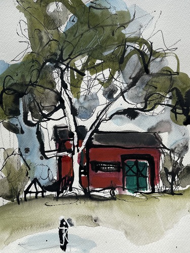 A painting of a red building with a green door on top of a hill. A large tree is beside it.
