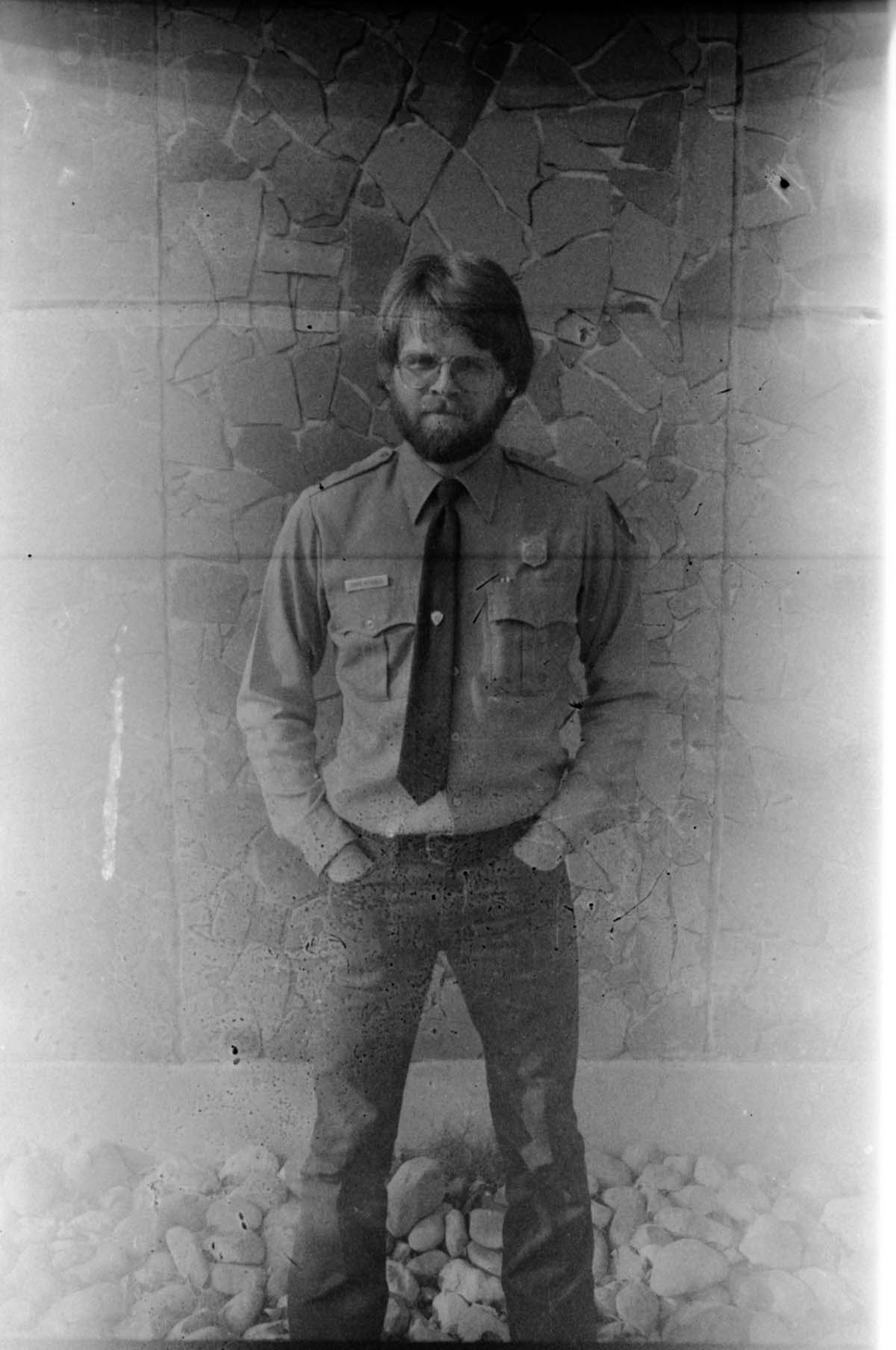 BW Photos of park employees. Man with beard.