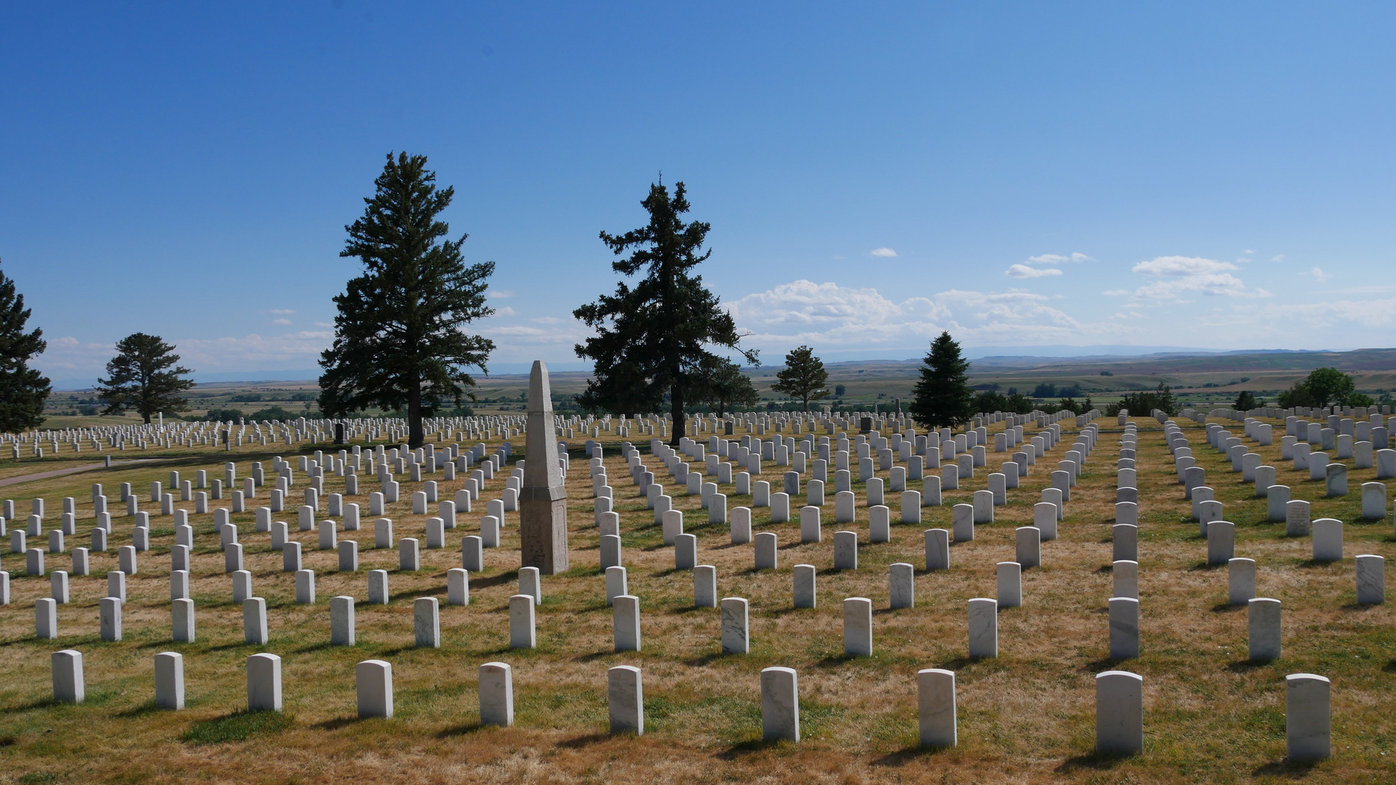 An obelisk-shaped monument stands out among uniform rows of marble grave markers, surrounded by short, dormant turf. Several conifer trees are scattered throughout the landscape.
