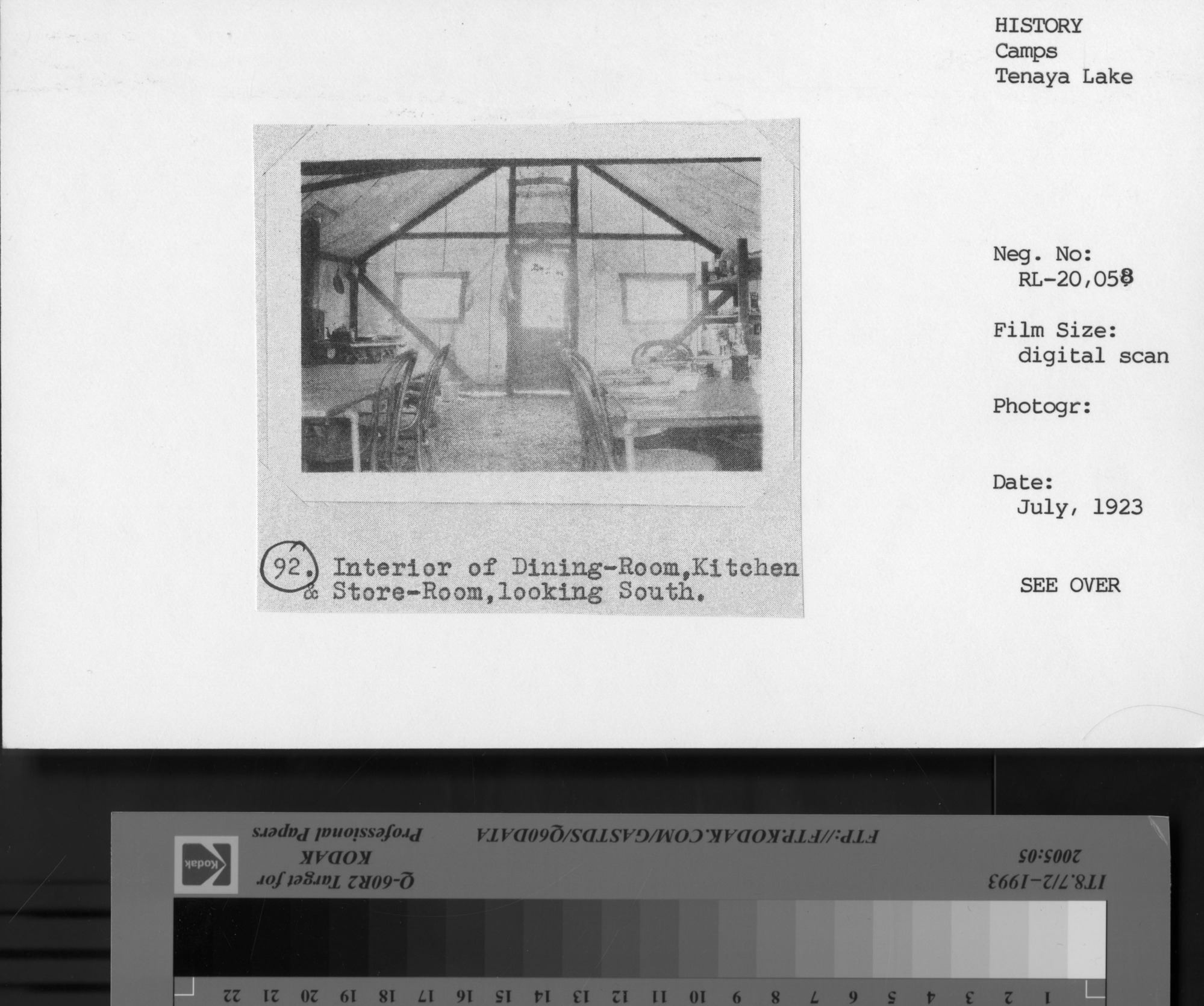 Scanned from insurance appraisal photo books taken prior to concession company merger. July 1923. #92 Interior of Dining Room, Kitchern & Store Room, looking South. Hikers Camp, Tenaya Lake.
